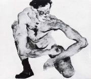 Egon Schiele Squatting male nude with stockings oil painting